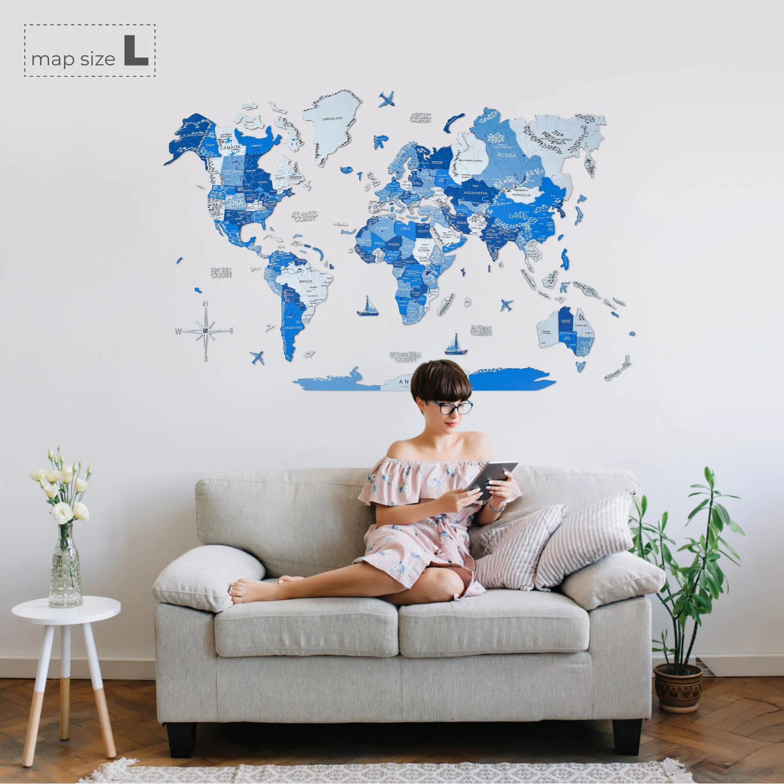 3D Wooden World Map Azure - Image 7